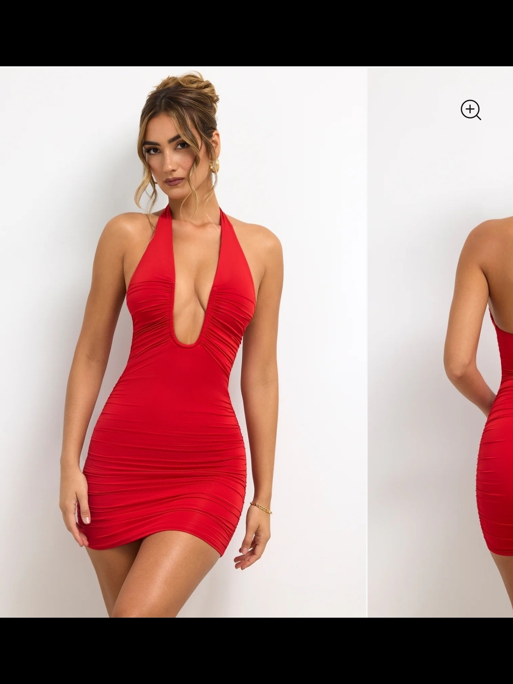 Oh Polly Red Halter Plunge Ruched Bodycon Mini Dress